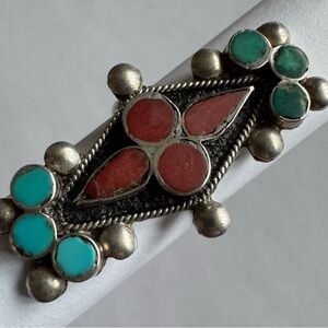 Old Pawn Zuni Sterling Silver Ring with Turquoise and Coral Accents